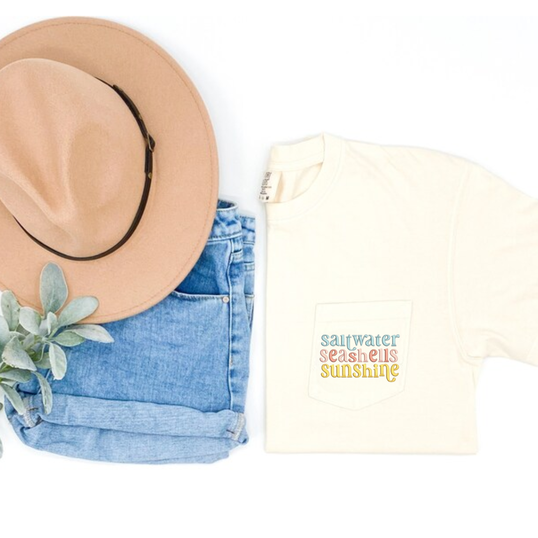 Embroidered Saltwater, Seashells, Sunshine Pocket Tee