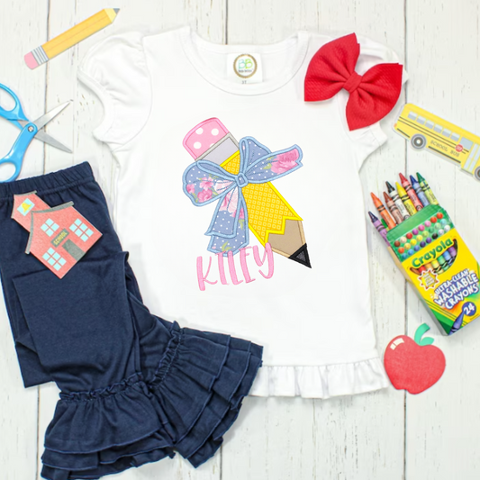 Appliqué Pencil with Bow Ruffle Shirt