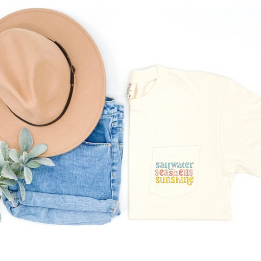 Embroidered Saltwater, Seashells, Sunshine Pocket Tee